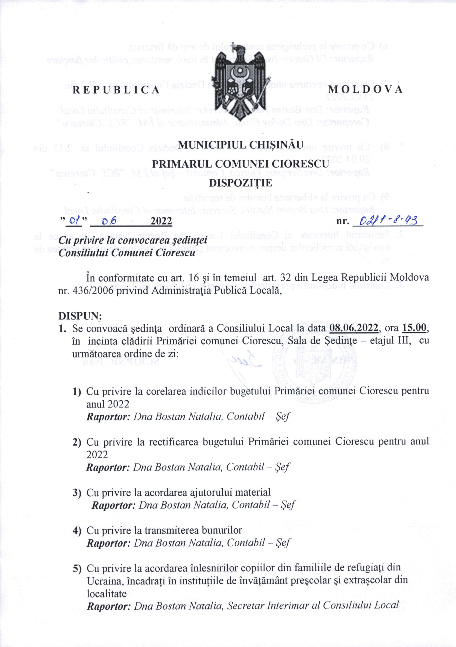 Dispoziție cu privire la convocarea ședinței Consiliului Comunei Ciorescu