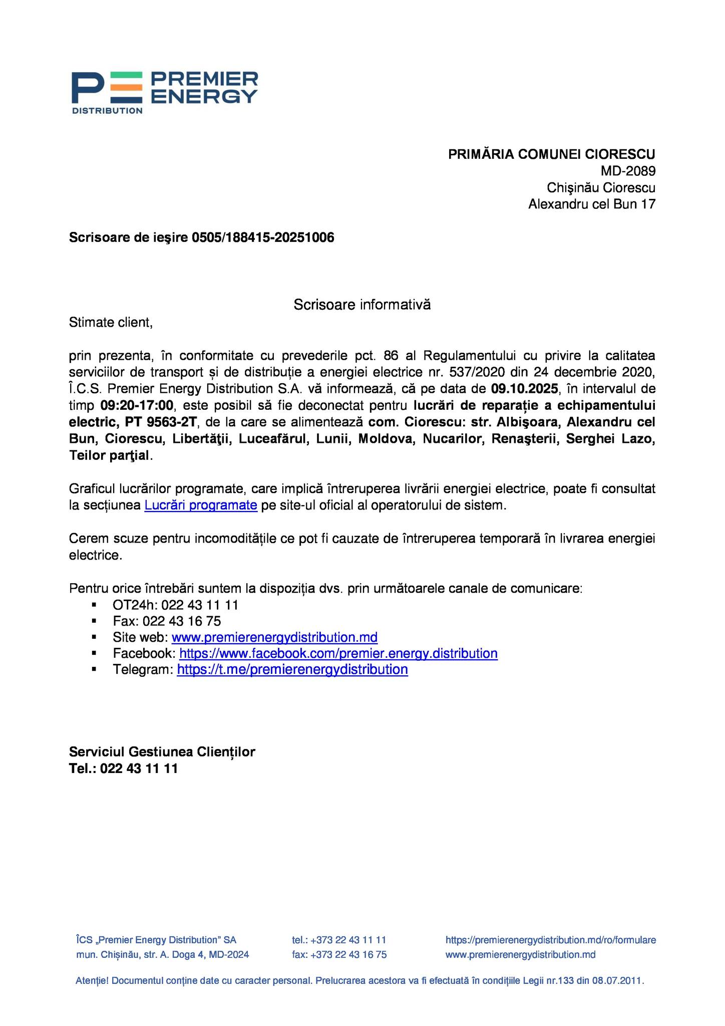 Scrisoare Informativă - Graficul lucrarilor programate - 09.10.2025, în intervalul de timp 09:20-17:00