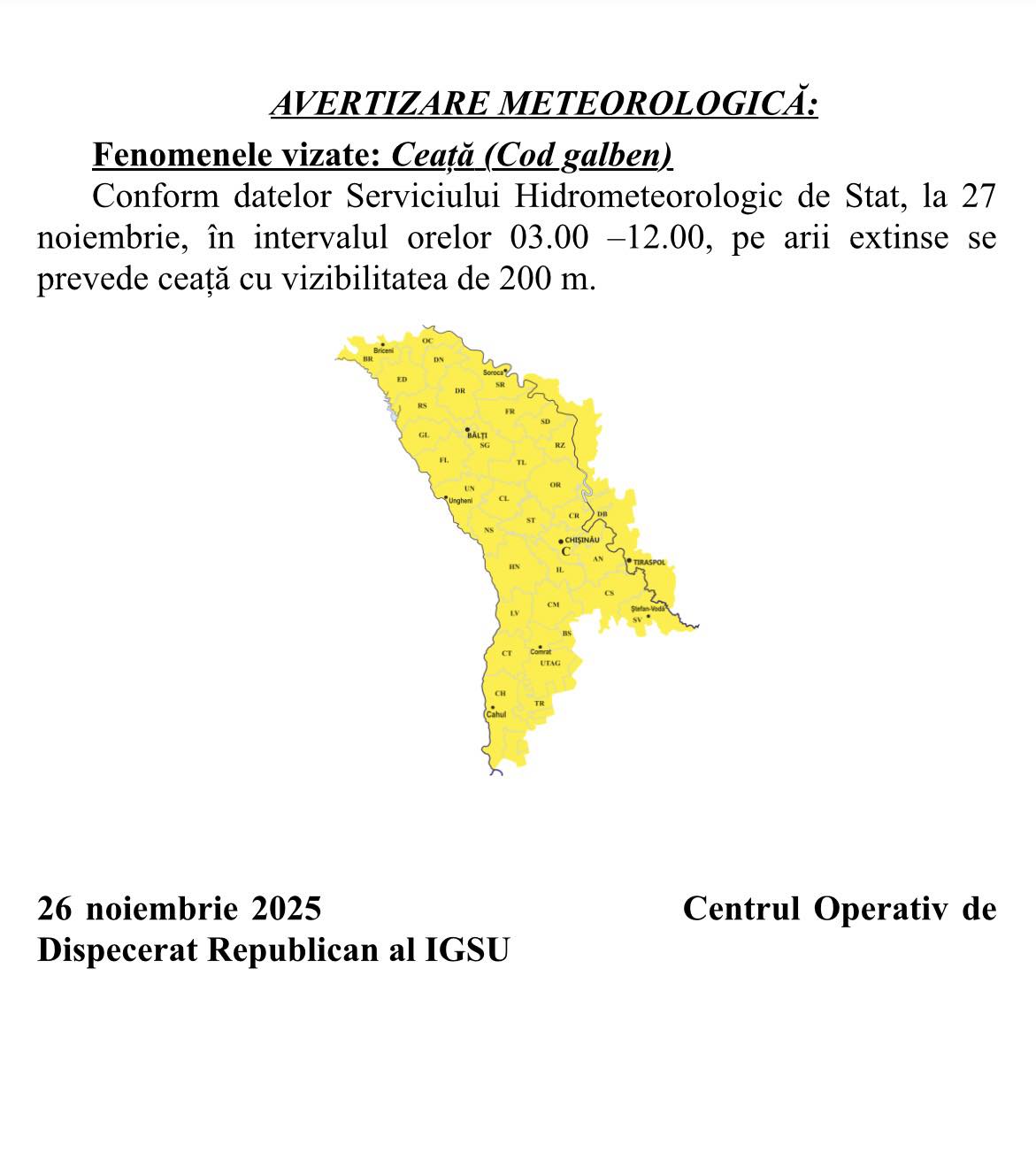 Avertizare Meteorologică: Ceață(Cod Galben)
