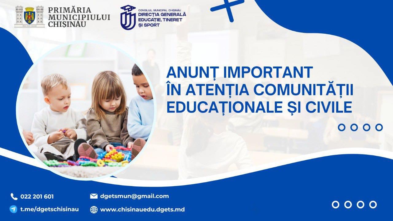 Primăria municipiului Chișinău, prin intermediul Direcției Generale Educație, Tineret și Sport, anunță că mâine, 9 Februarie 2026, procesul educațional în instituțiile de învățământ din munic