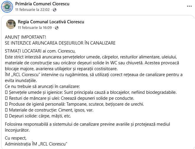 ANUNȚ IMPORTANT! SE INTERZICE ARUNCAREA DEȘEURILOR ÎN CANALIZARE!