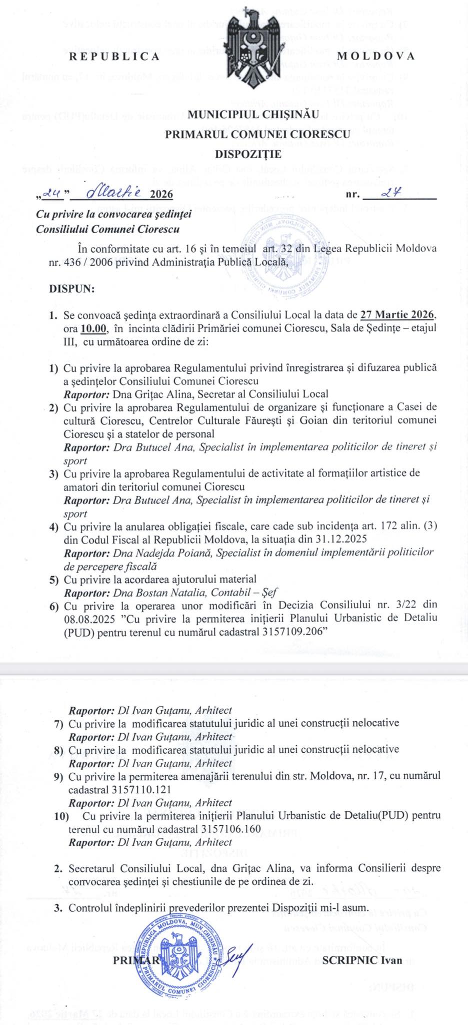 Ședință extraordinară a Consiliului Local Ciorescu convocată pentru 27 martie 2026, ora 10:00!
