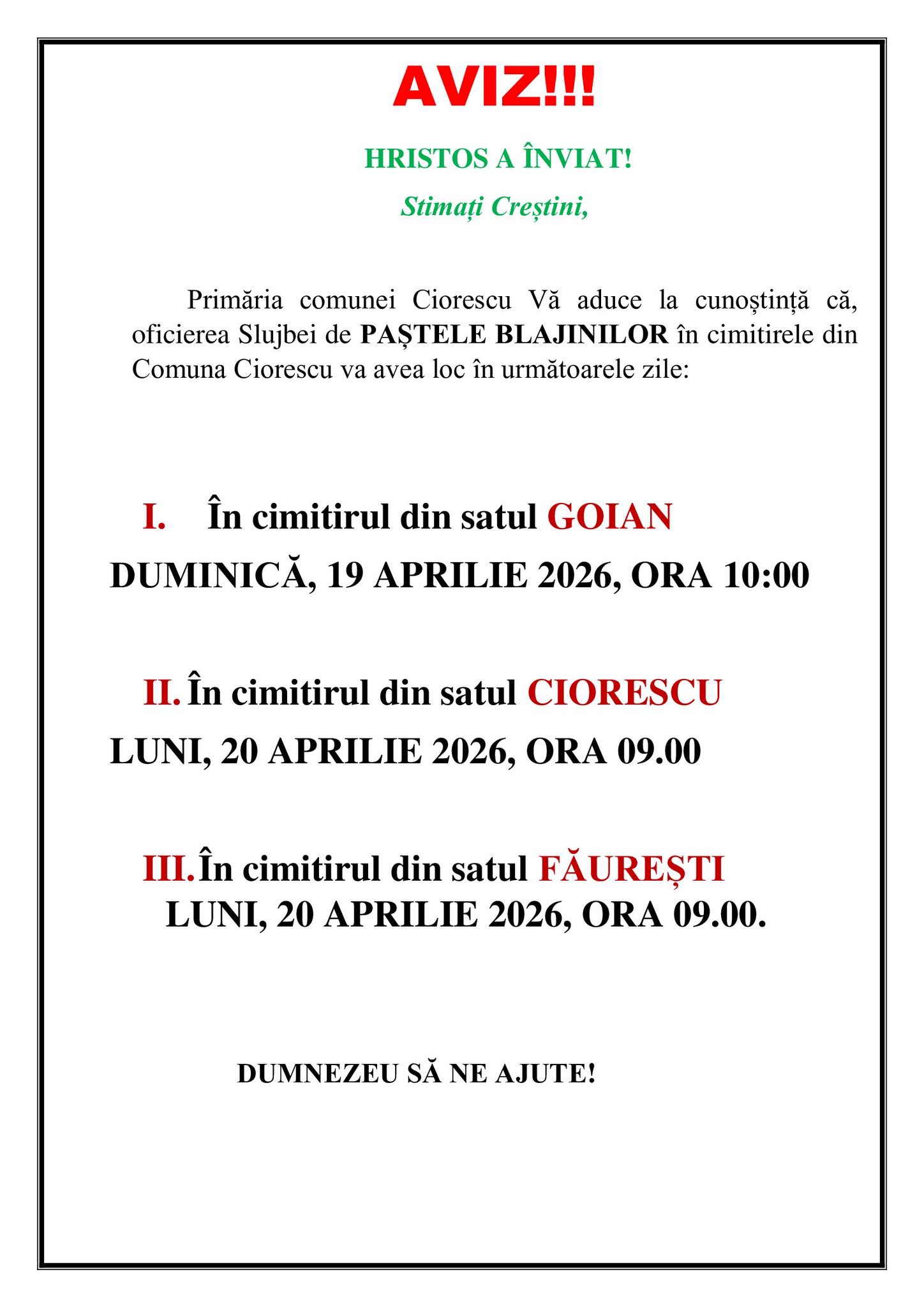 Programul slujbelor de Paștele Blajinilor în comuna Ciorescu!