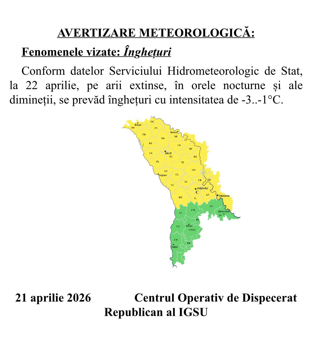 AVERTIZARE METEOROLOGICĂ: Fenomenele vizate - Înghețuri(22.04.2026)!