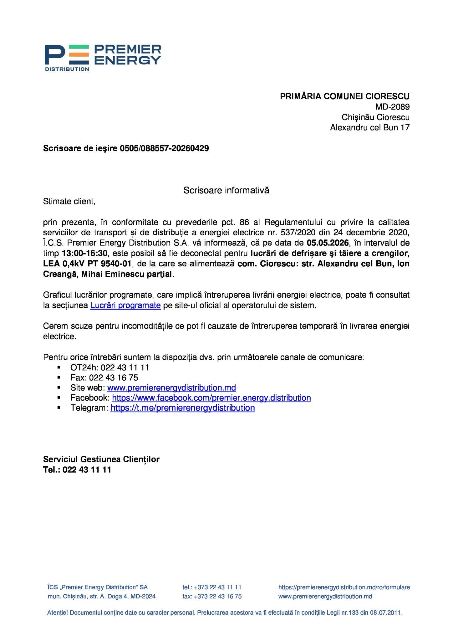 Anunț privind lucrările programate la rețeaua electrică în comuna Ciorescu!