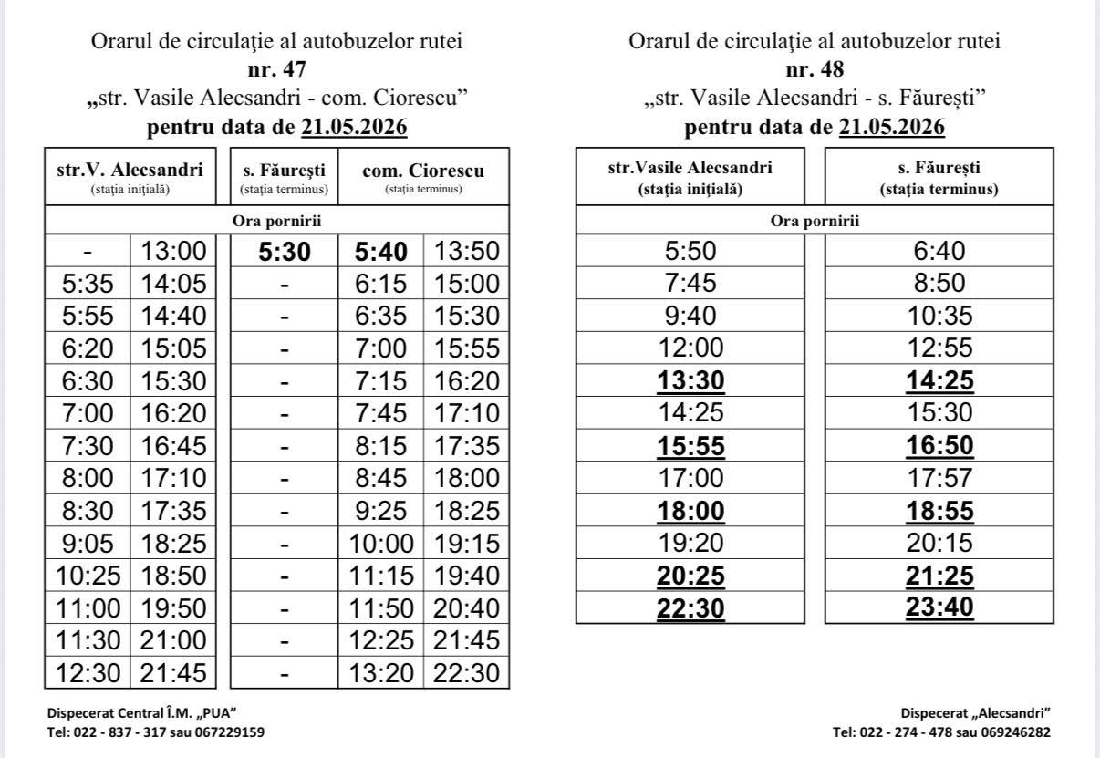Program special pentru rutele 47 și 48 cu ocazia hramului satului Făurești!