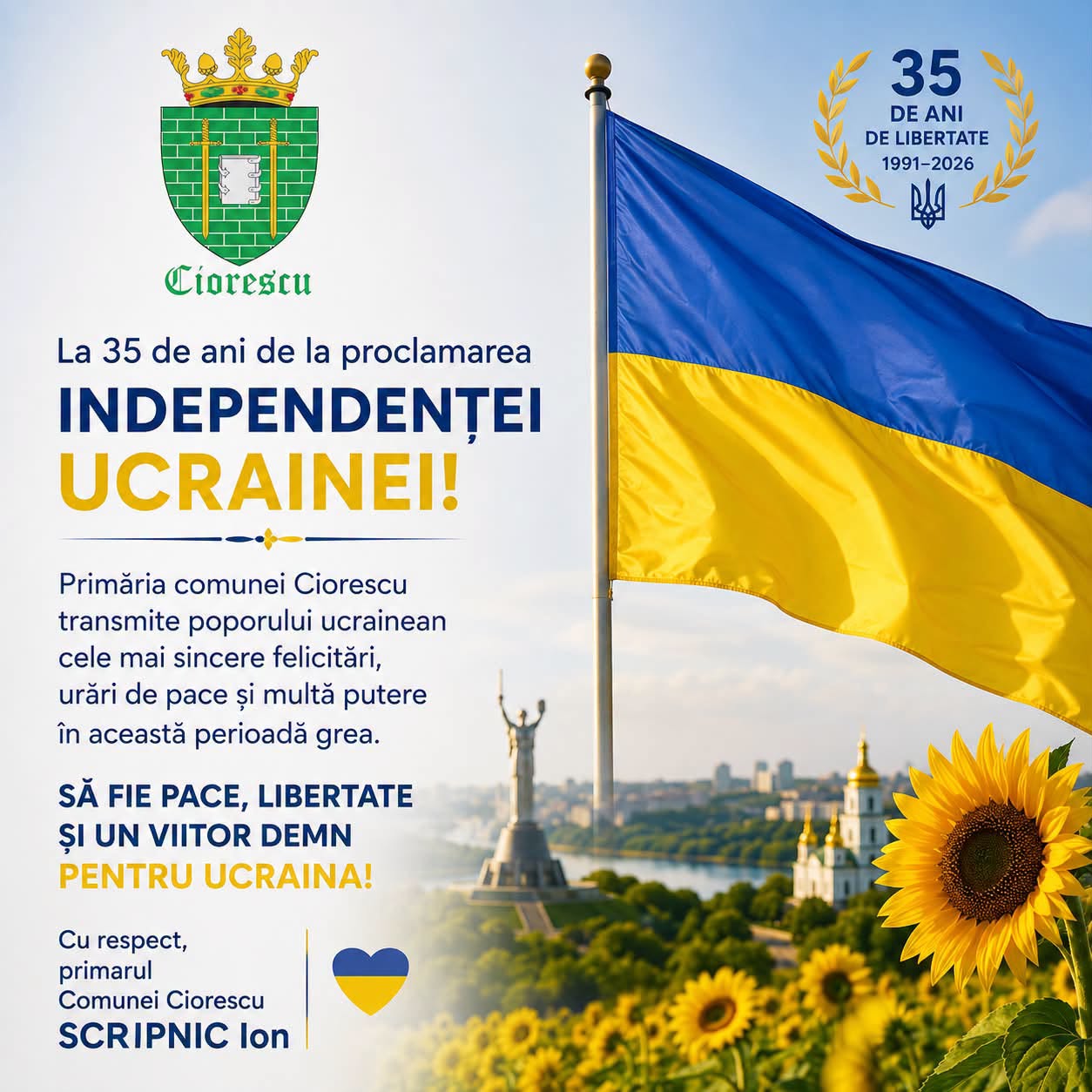 Primăria comunei Ciorescu transmite felicitări Ucrainei cu ocazia Zilei Independenței!